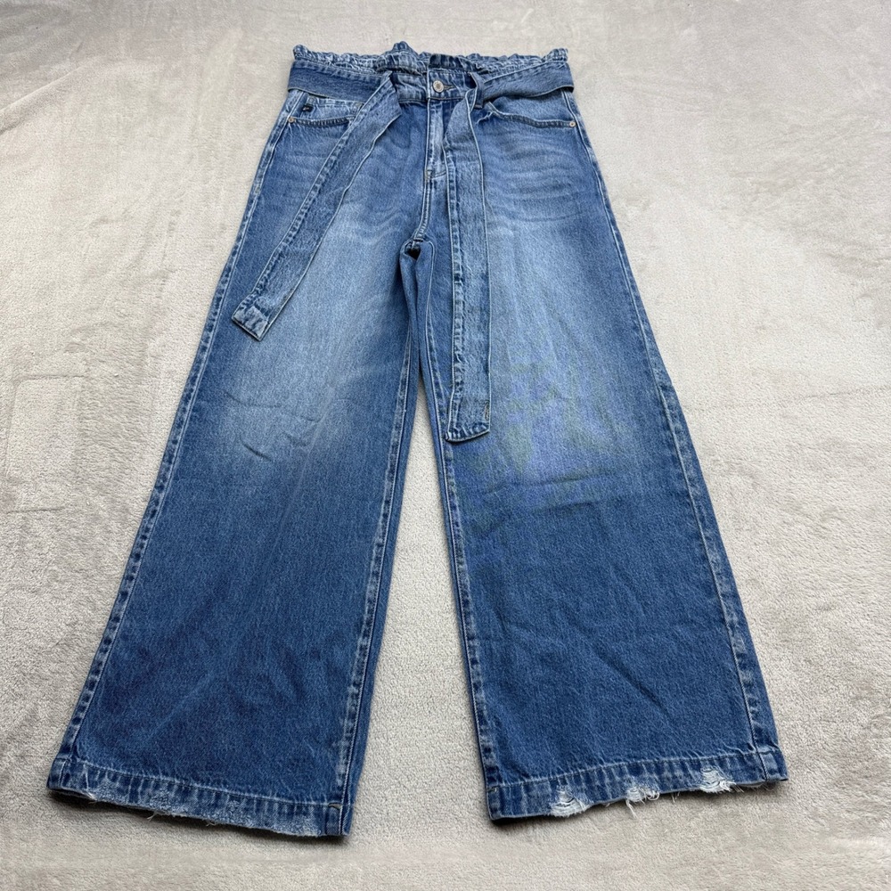 KanCan Wide Leg Jeans Women 7/27 Blue Paperbag Waist Tie Raw Hem Boho Streetwear
